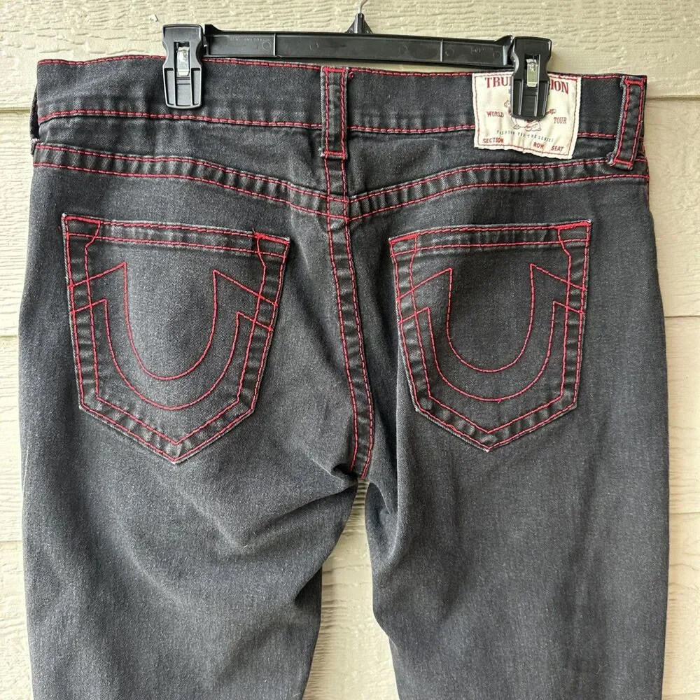True Religion Ricky Super T Relaxed Straight Jeans Mens 36 Black Red Stitch Flap